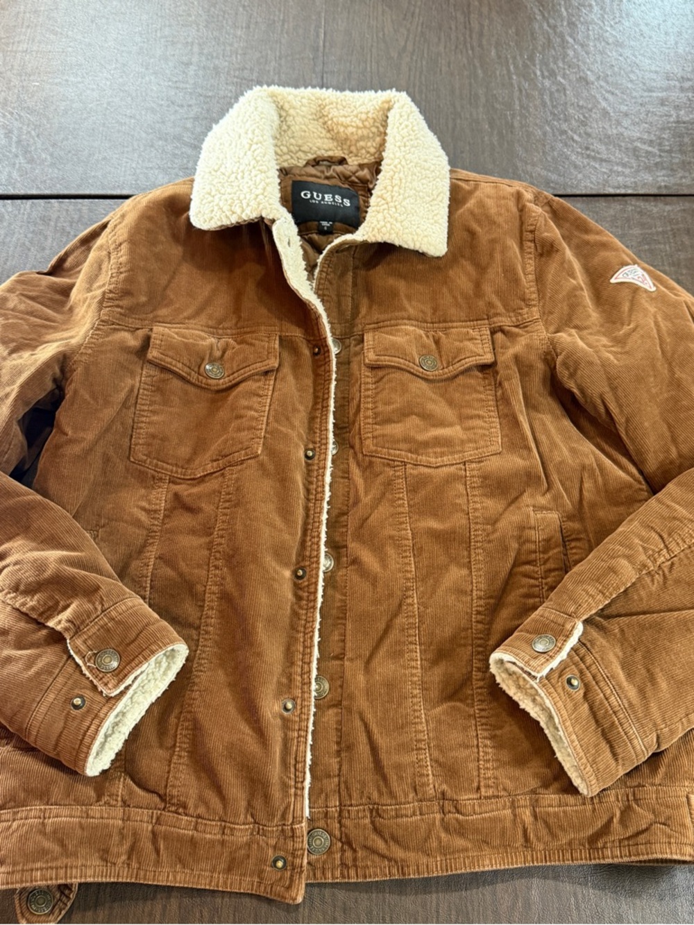 GUESS Vintage Corduroy Jacket Fleece Collar Chestnut Brown Cream Sz S